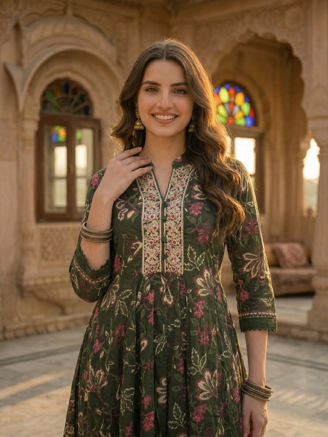 Floral Printed & Embroidered Anarkali Kurta with Pant & Dupatta - Green