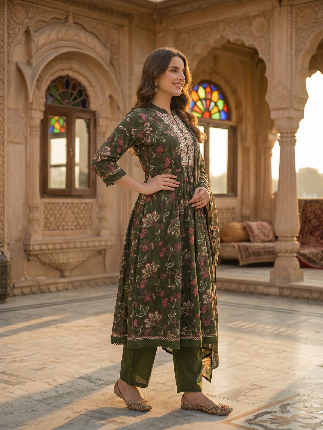 Floral Printed & Embroidered Anarkali Kurta with Pant & Dupatta - Green