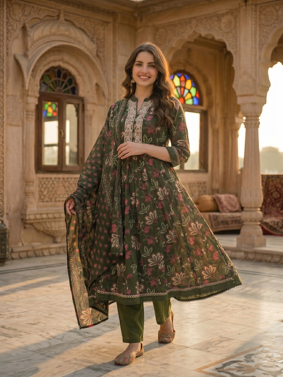 Floral Printed & Embroidered Anarkali Kurta with Pant & Dupatta - Green