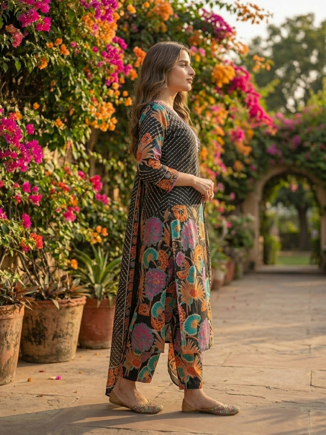 Floral & Abstract Printed Embroidered Straight Kurta with Palazzo & Dupatta - Black