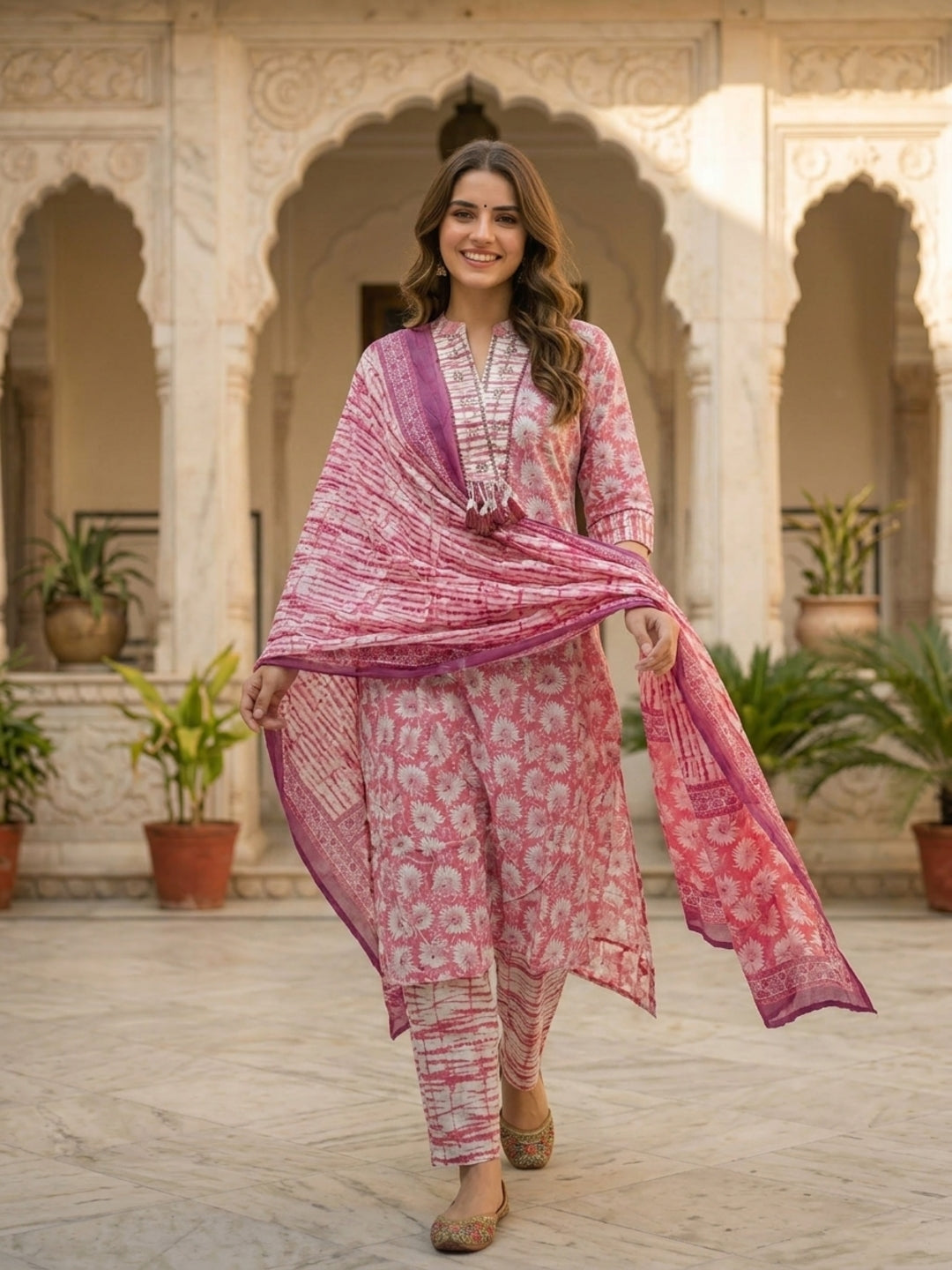 Abstract Printed Mirror Work Straight Kurta with Pyjama & Dupatta - Rose