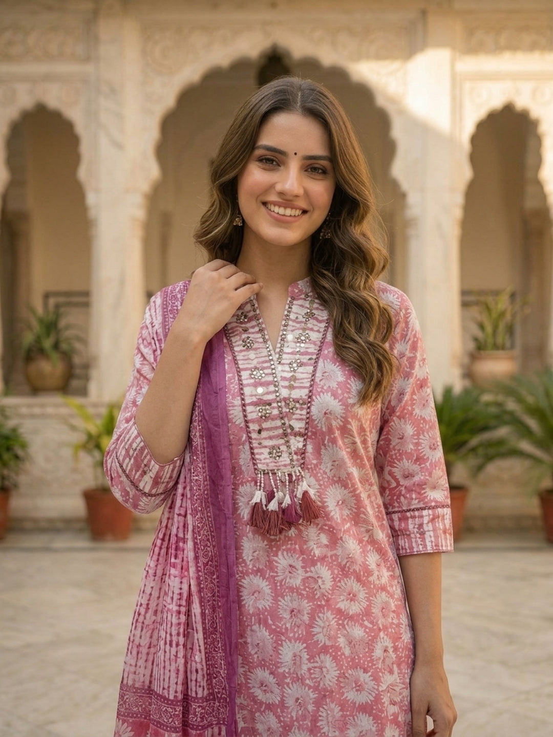Abstract Printed Mirror Work Straight Kurta with Pyjama & Dupatta - Rose