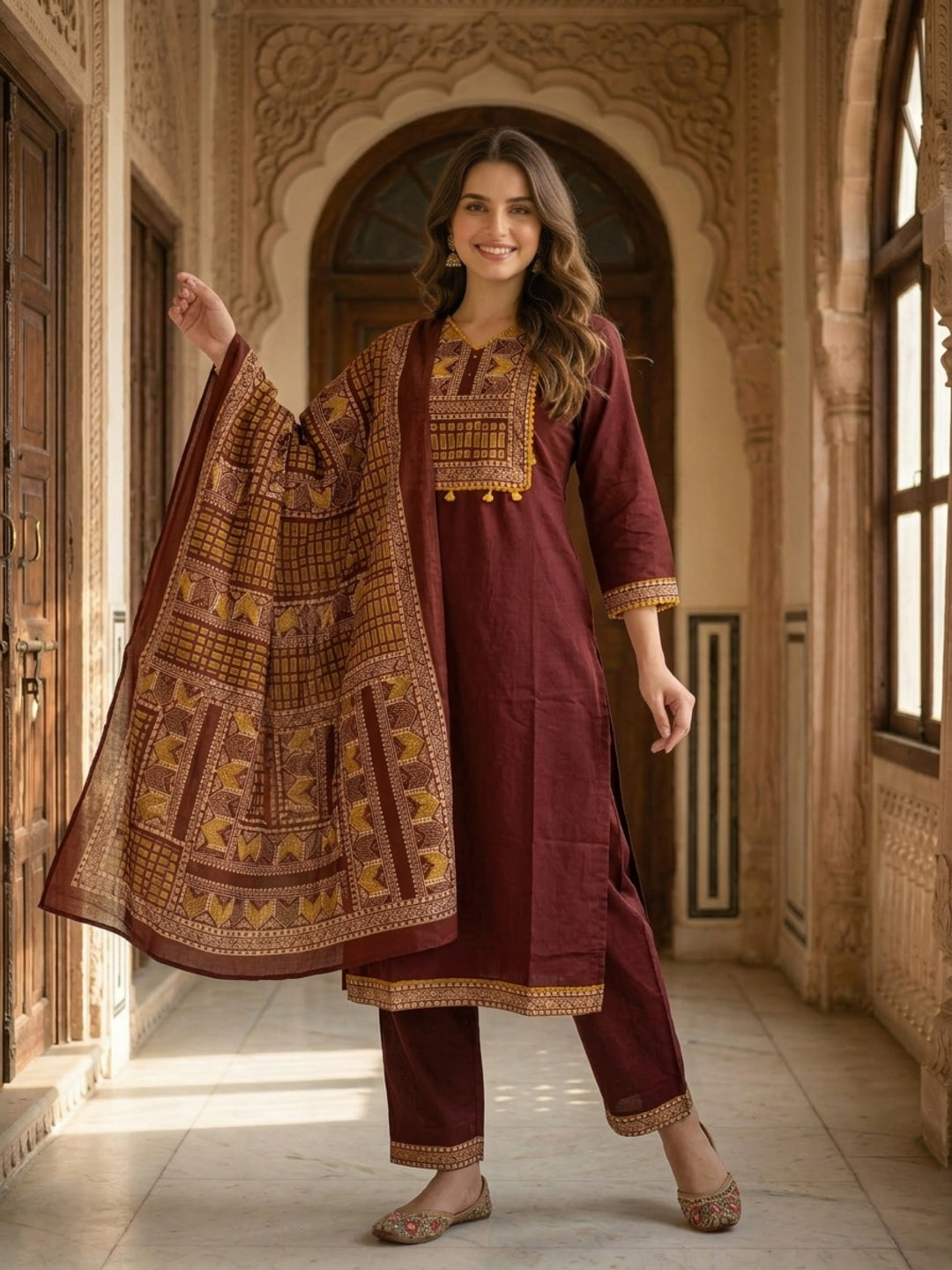 Solid Contrast Yoke Sequin Straight Kurta with Pant & Dupatta - Maroon