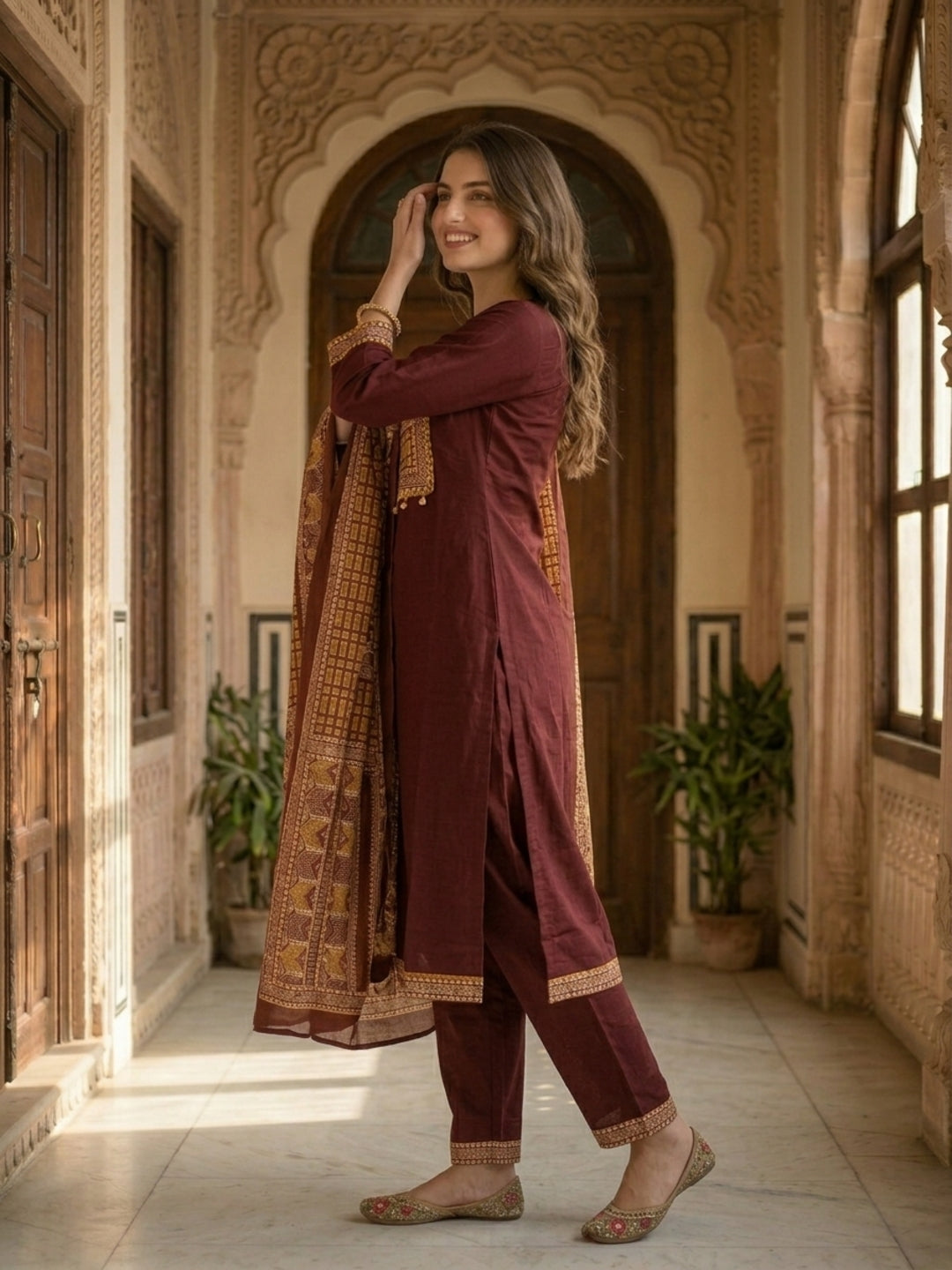 Solid Contrast Yoke Sequin Straight Kurta with Pant & Dupatta - Maroon