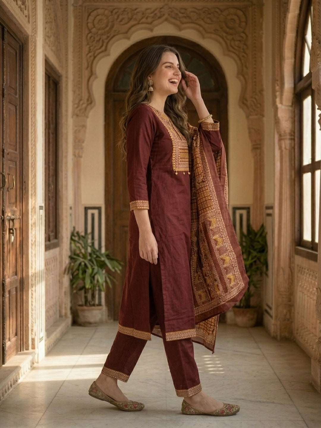 Solid Contrast Yoke Sequin Straight Kurta with Pant & Dupatta - Maroon
