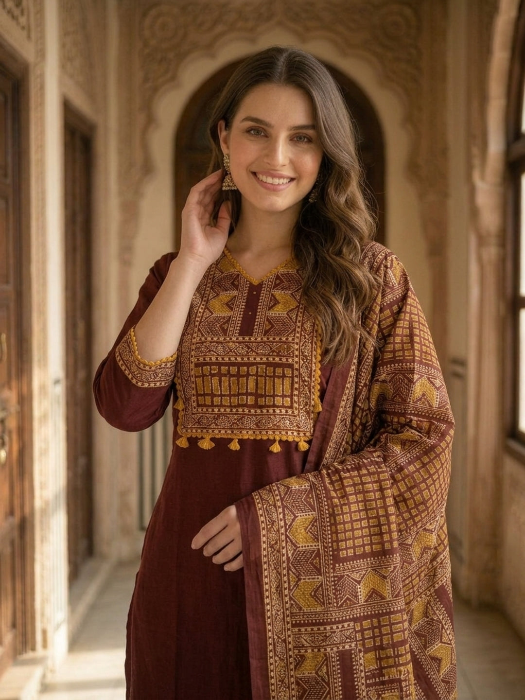 Solid Contrast Yoke Sequin Straight Kurta with Pant & Dupatta - Maroon