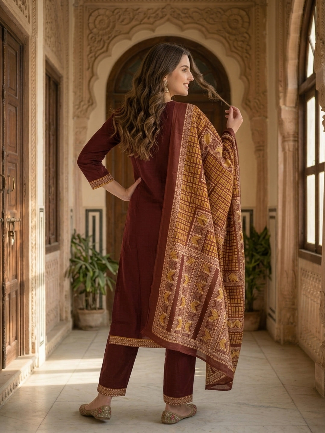Solid Contrast Yoke Sequin Straight Kurta with Pant & Dupatta - Maroon
