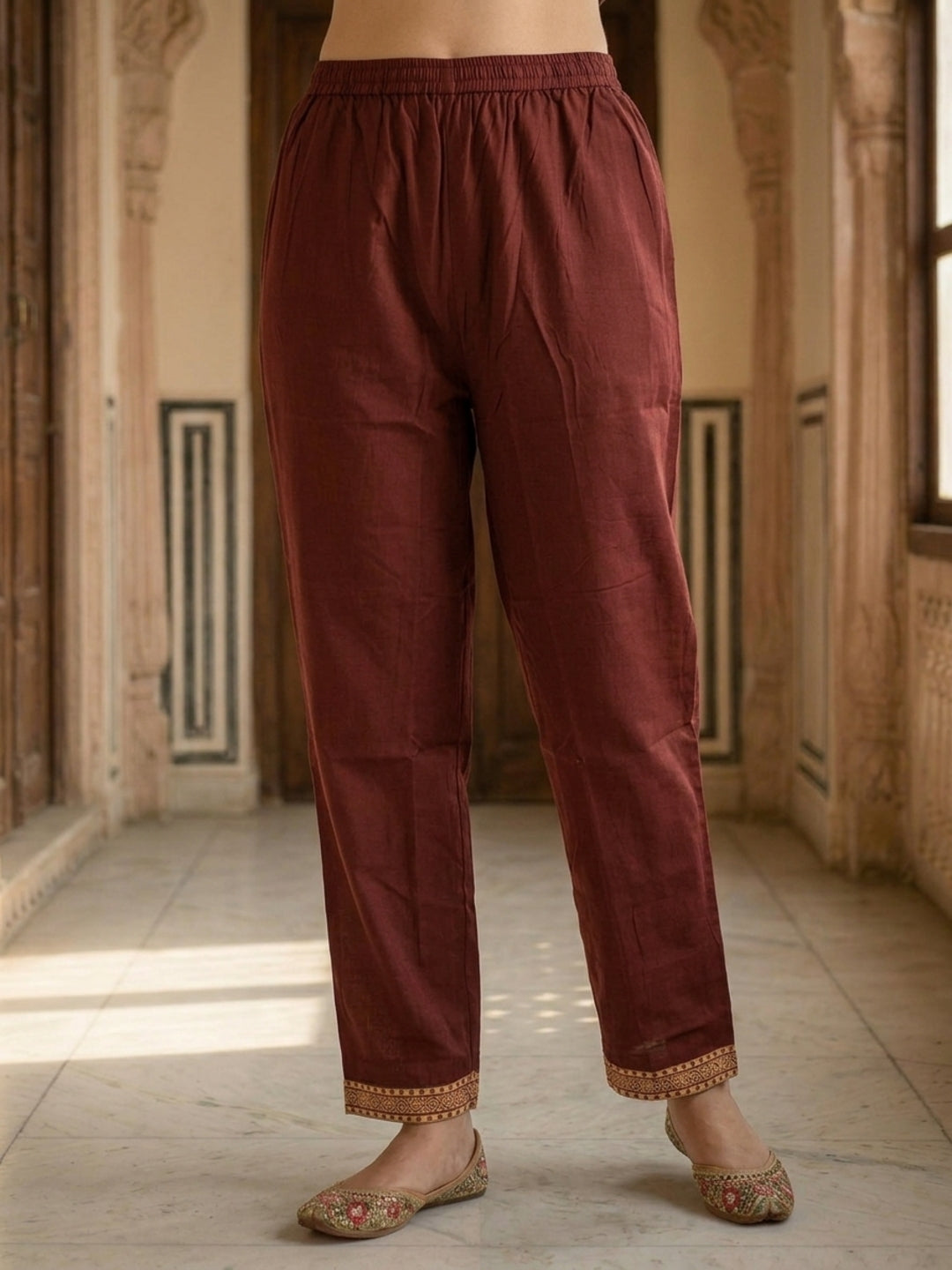 Solid Contrast Yoke Sequin Straight Kurta with Pant & Dupatta - Maroon