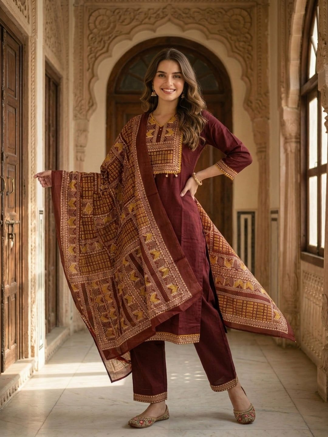Solid Contrast Yoke Sequin Straight Kurta with Pant & Dupatta - Maroon