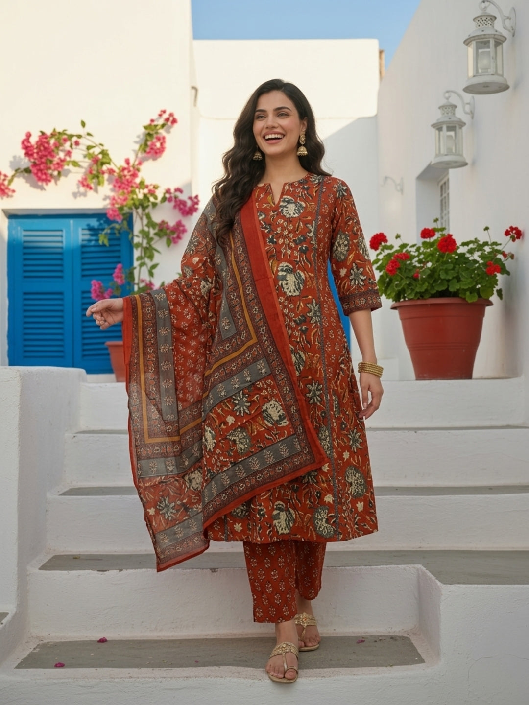 Ethnic Bagru Printed & Lace A-Line Kurta with Pant & Dupatta - Rust