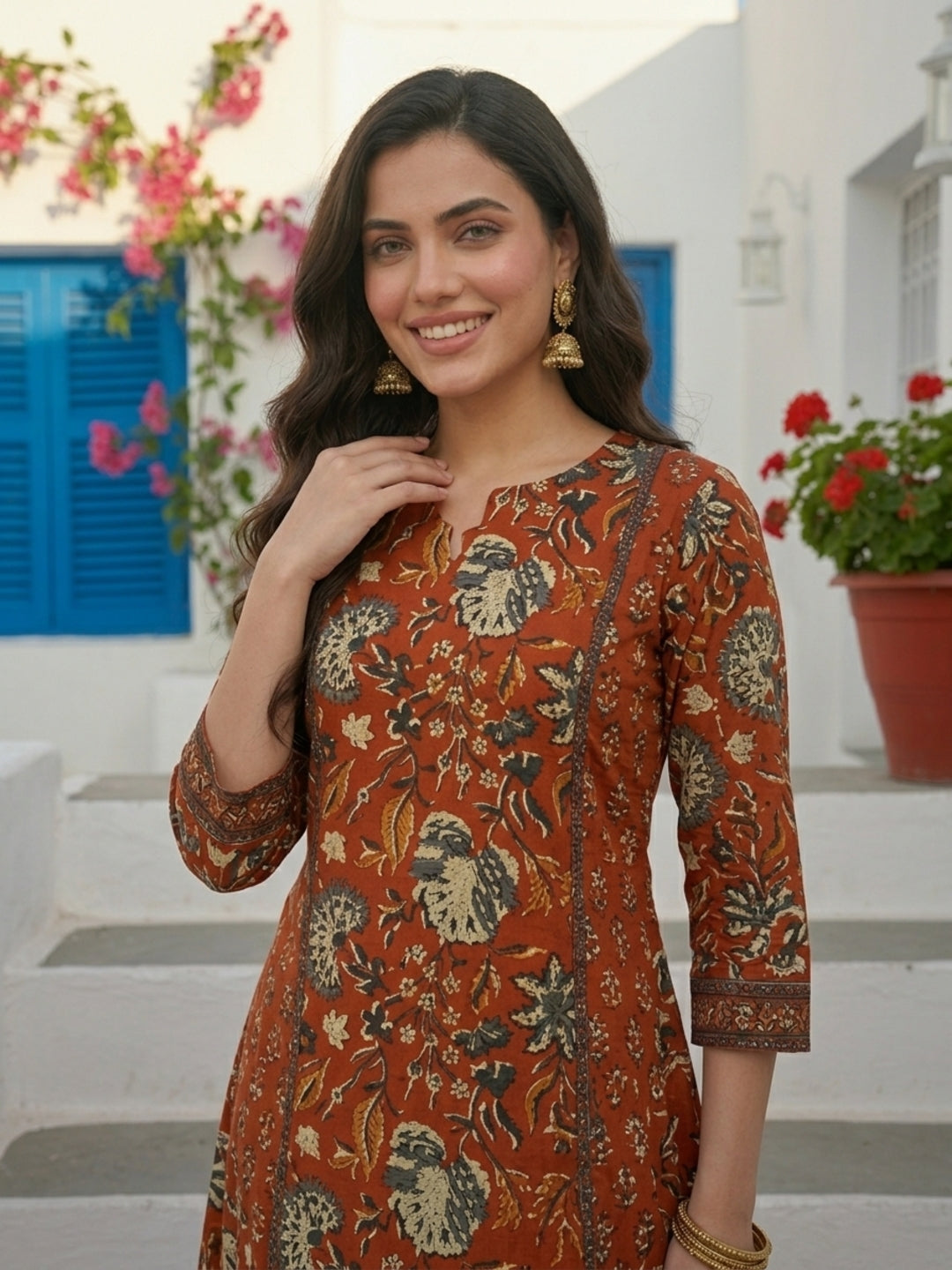 Ethnic Bagru Printed & Lace A-Line Kurta with Pant & Dupatta - Rust