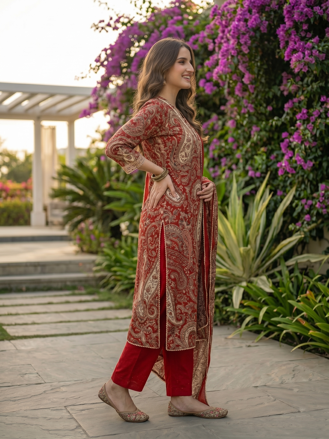 Ethnic Floral Printed & Lace A-Line Kurta with Pant & Dupatta - Red