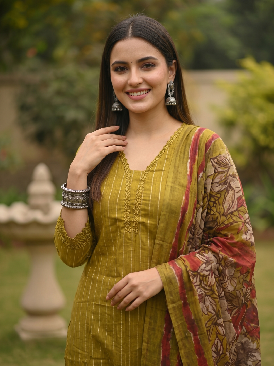 Stripes Printed Straight Kurta with Pant & Dupatta - Mehendi Green
