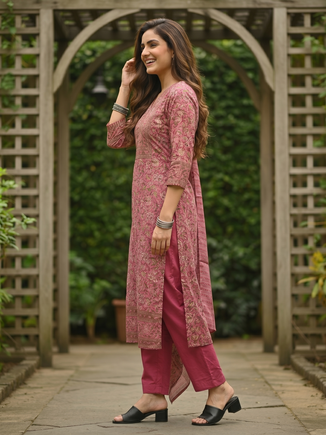 Ethnic Floral Jaal Printed Sequin Anarkali Kurta with Palazzo & Dupatta - Mauve