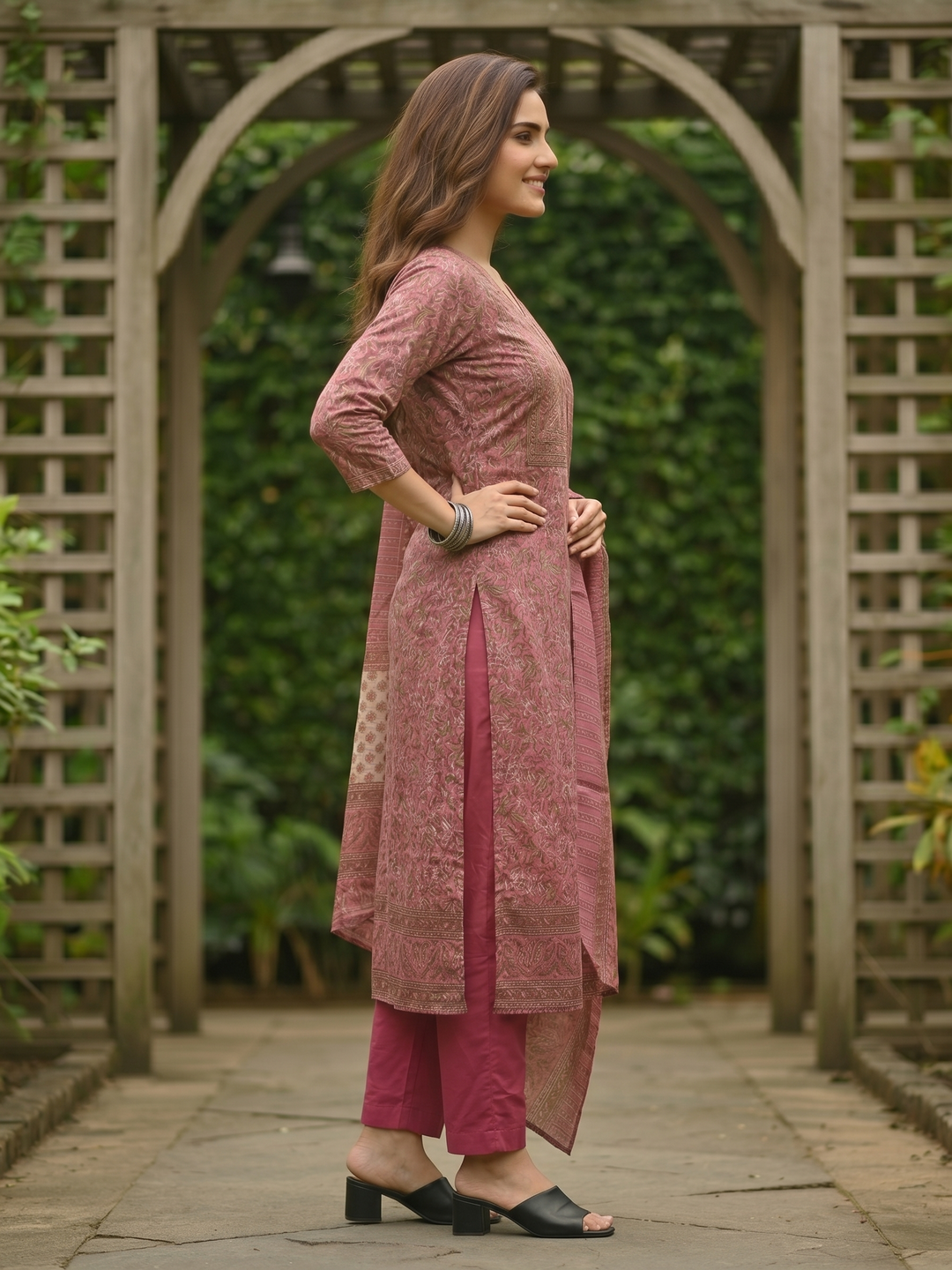 Ethnic Floral Jaal Printed Sequin Anarkali Kurta with Palazzo & Dupatta - Mauve