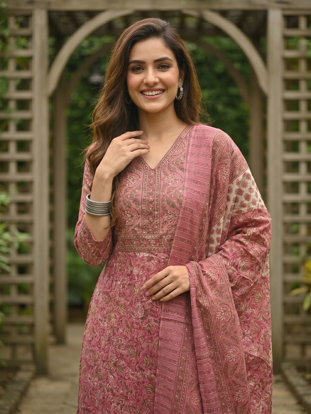 Ethnic Floral Jaal Printed Sequin Anarkali Kurta with Palazzo & Dupatta - Mauve