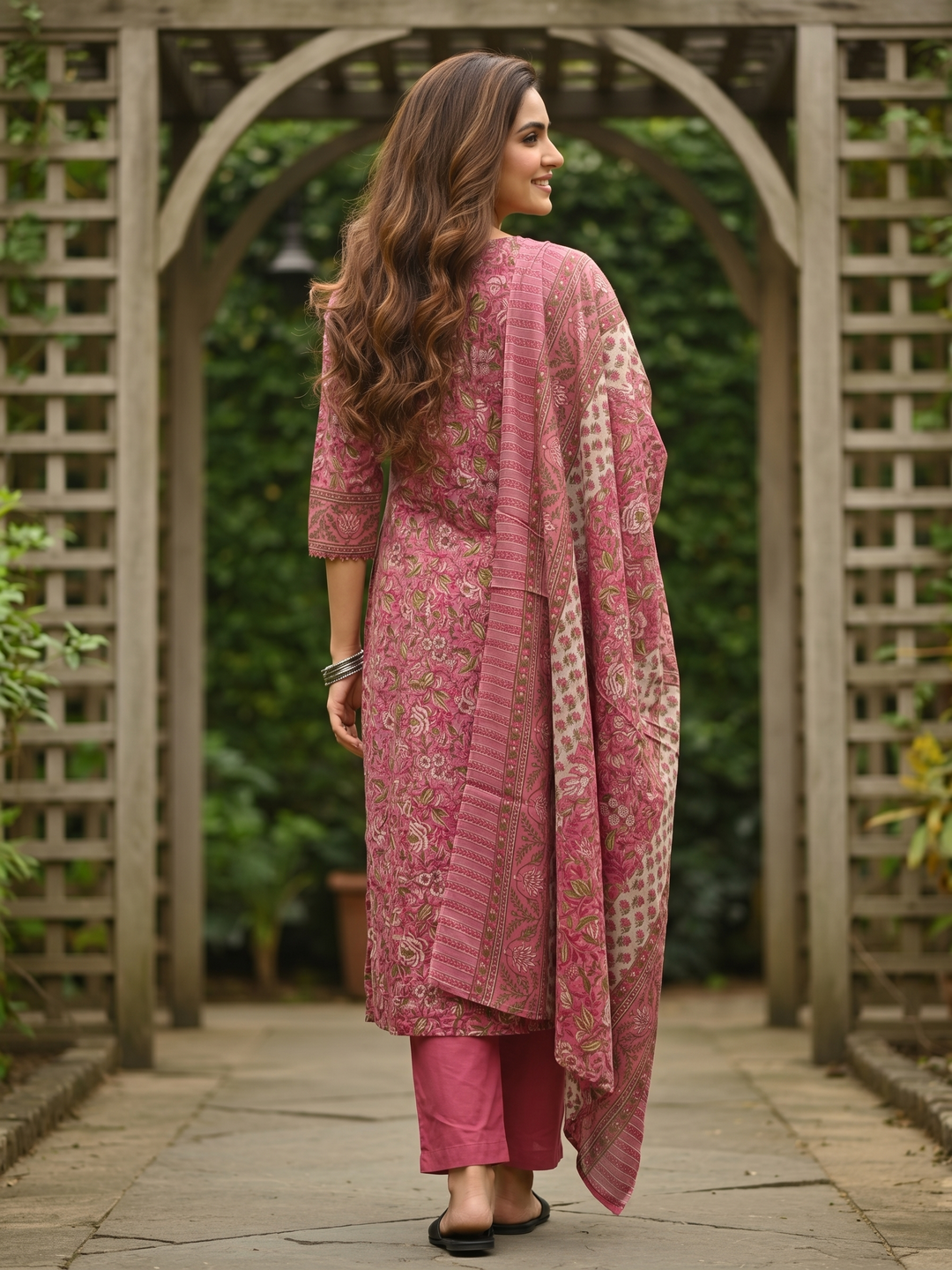 Ethnic Floral Jaal Printed Sequin Anarkali Kurta with Palazzo & Dupatta - Mauve