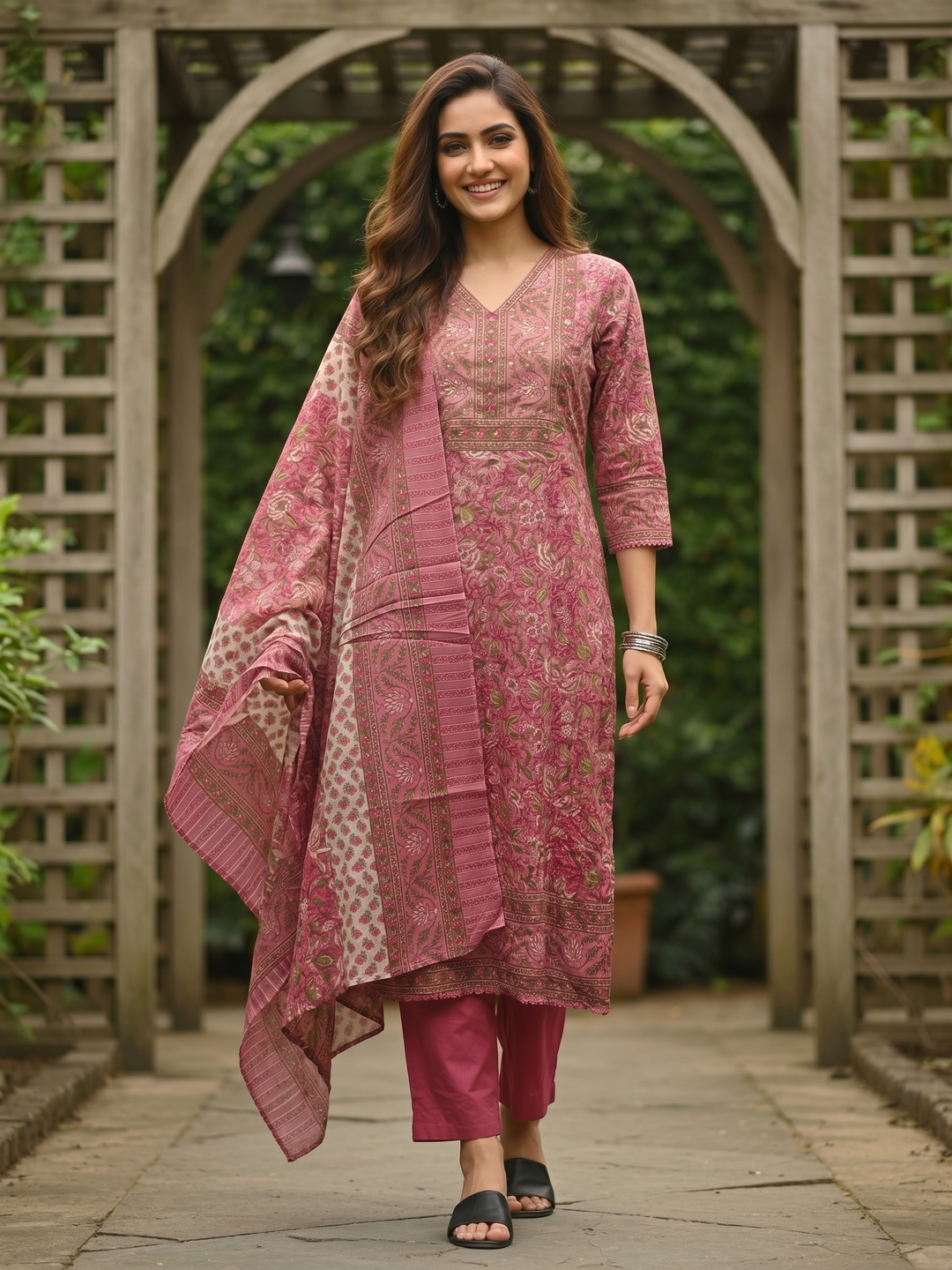 Ethnic Floral Jaal Printed Sequin Anarkali Kurta with Palazzo & Dupatta - Mauve