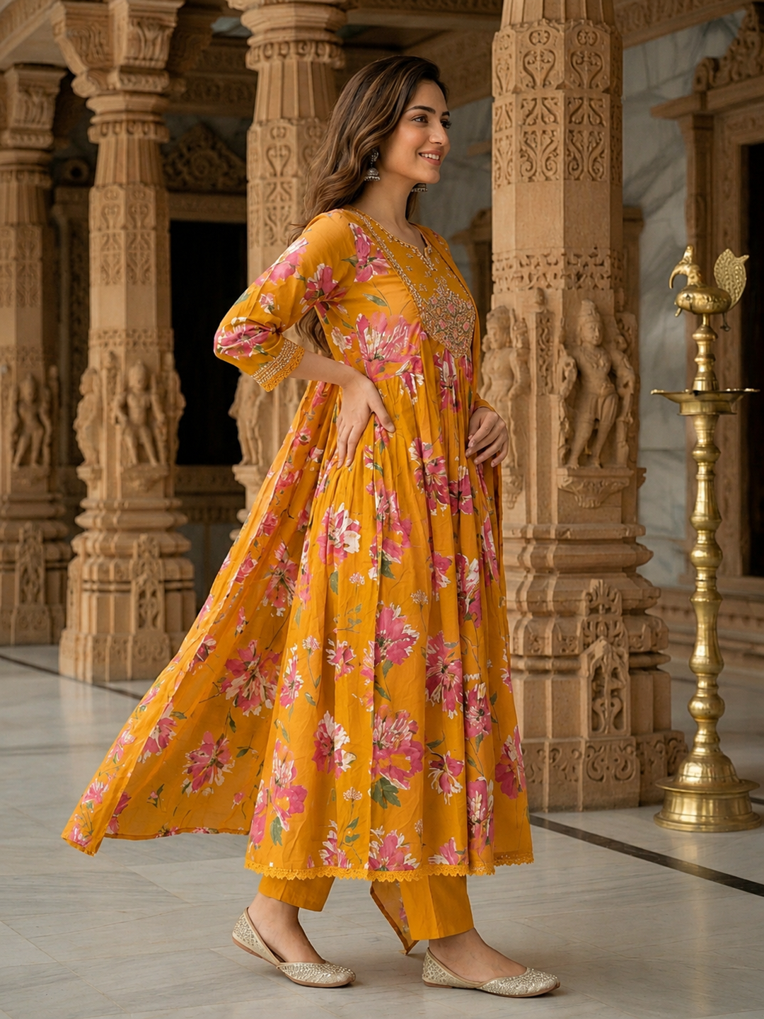 Floral Printed & Embroidered Anarkali Kurta with Pant & Dupatta - Mustard Yellow
