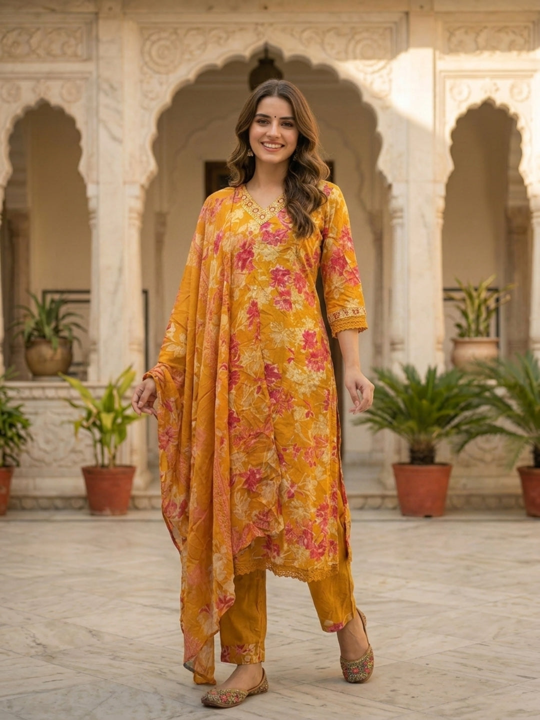 Floral Printed & Embroidered Anarkali Kurta with Pant & Dupatta - Yellow