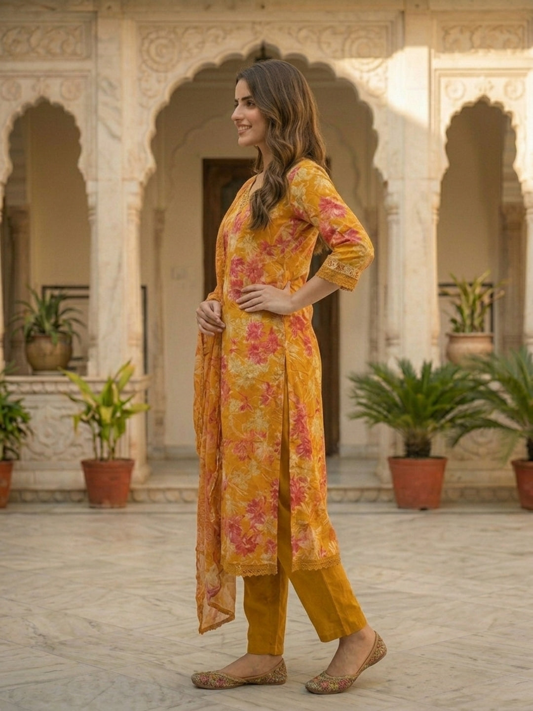 Floral Printed & Embroidered Anarkali Kurta with Pant & Dupatta - Yellow