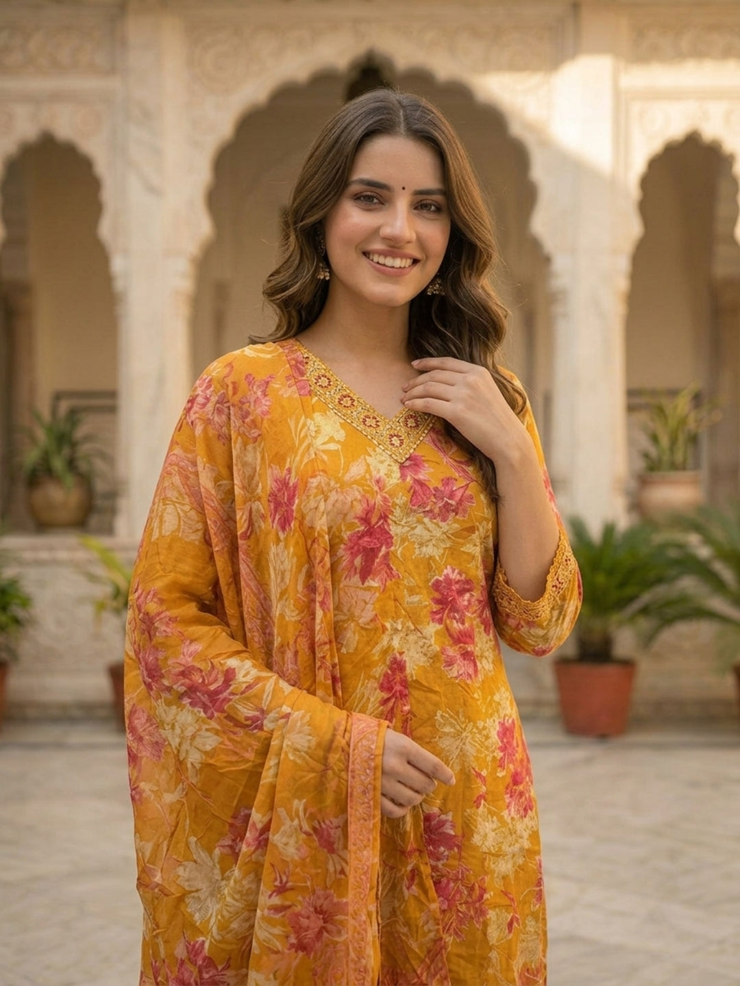 Floral Printed & Embroidered Anarkali Kurta with Pant & Dupatta - Yellow