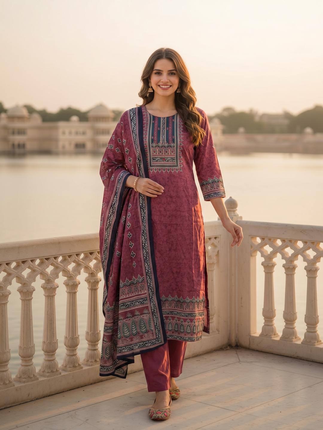 Ethnic Printed & Mirror Work Straight Kurta with Pant & Dupatta - Maroon