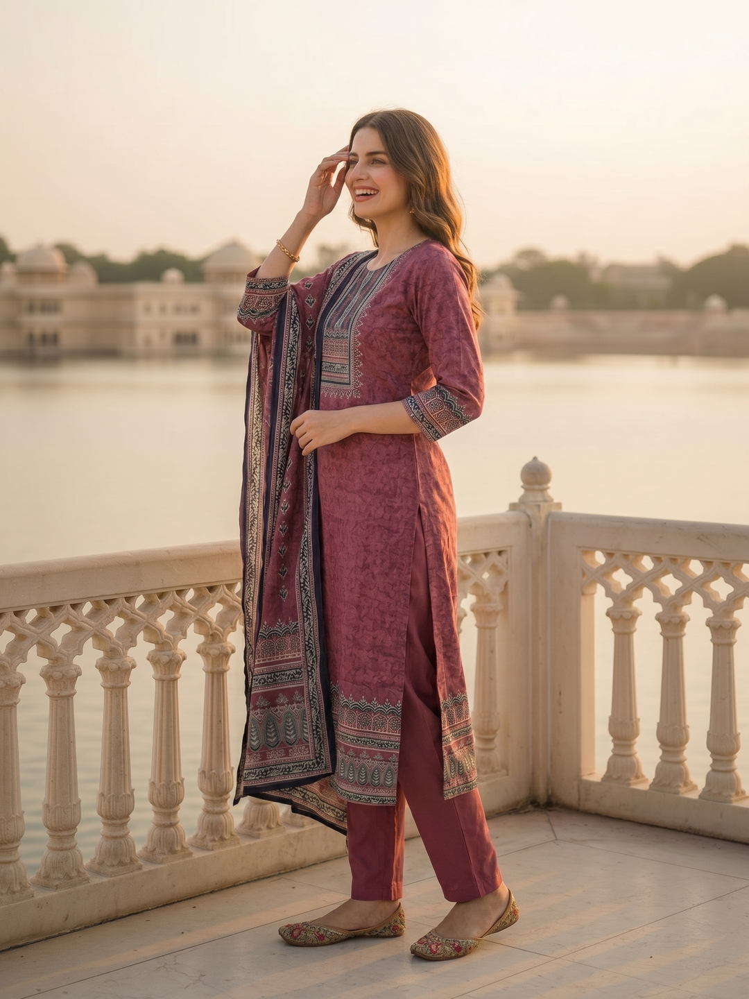 Ethnic Printed & Mirror Work Straight Kurta with Pant & Dupatta - Maroon
