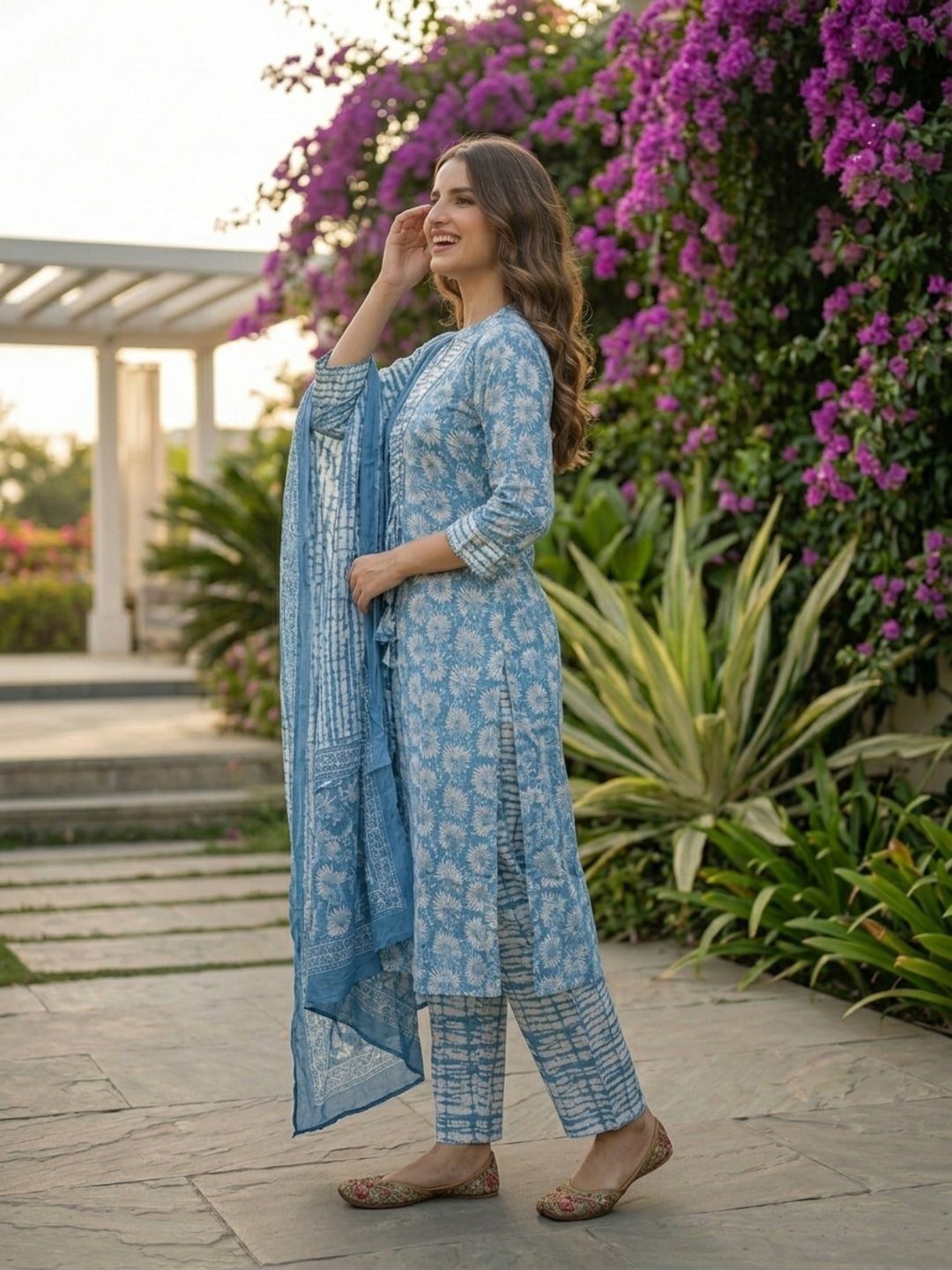 Abstract Print Mirror Work Tassel Straight Kurta with Pyjama & Dupatta - Blue