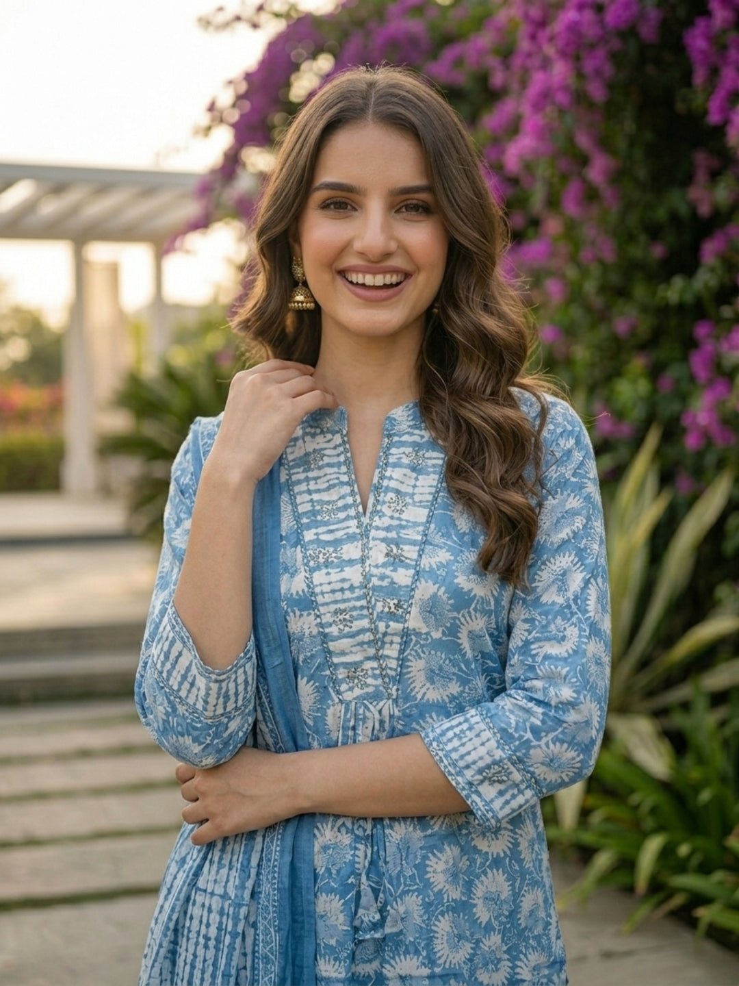 Abstract Print Mirror Work Tassel Straight Kurta with Pyjama & Dupatta - Blue