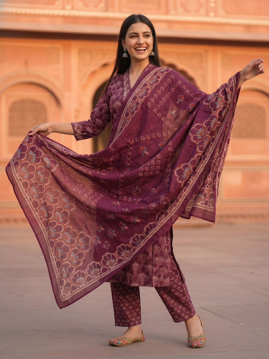 Ethnic Traditional Motif Printed Straight Kurta with Pant & Dupatta - Wine Purple