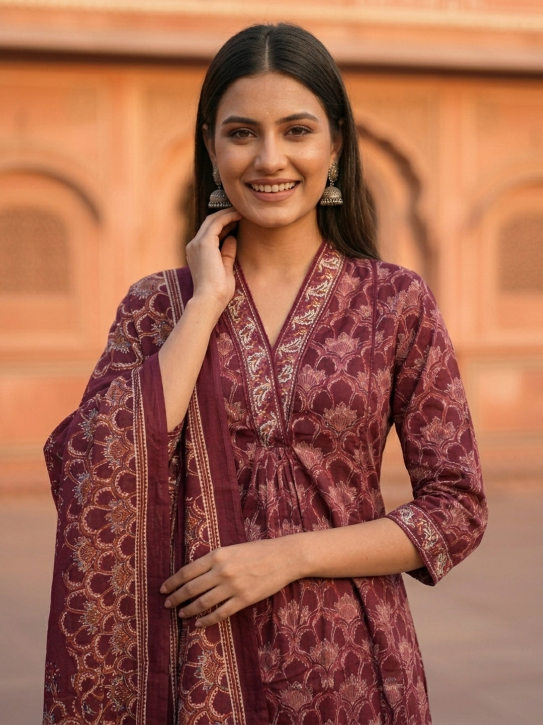 Ethnic Traditional Motif Printed Straight Kurta with Pant & Dupatta - Wine Purple