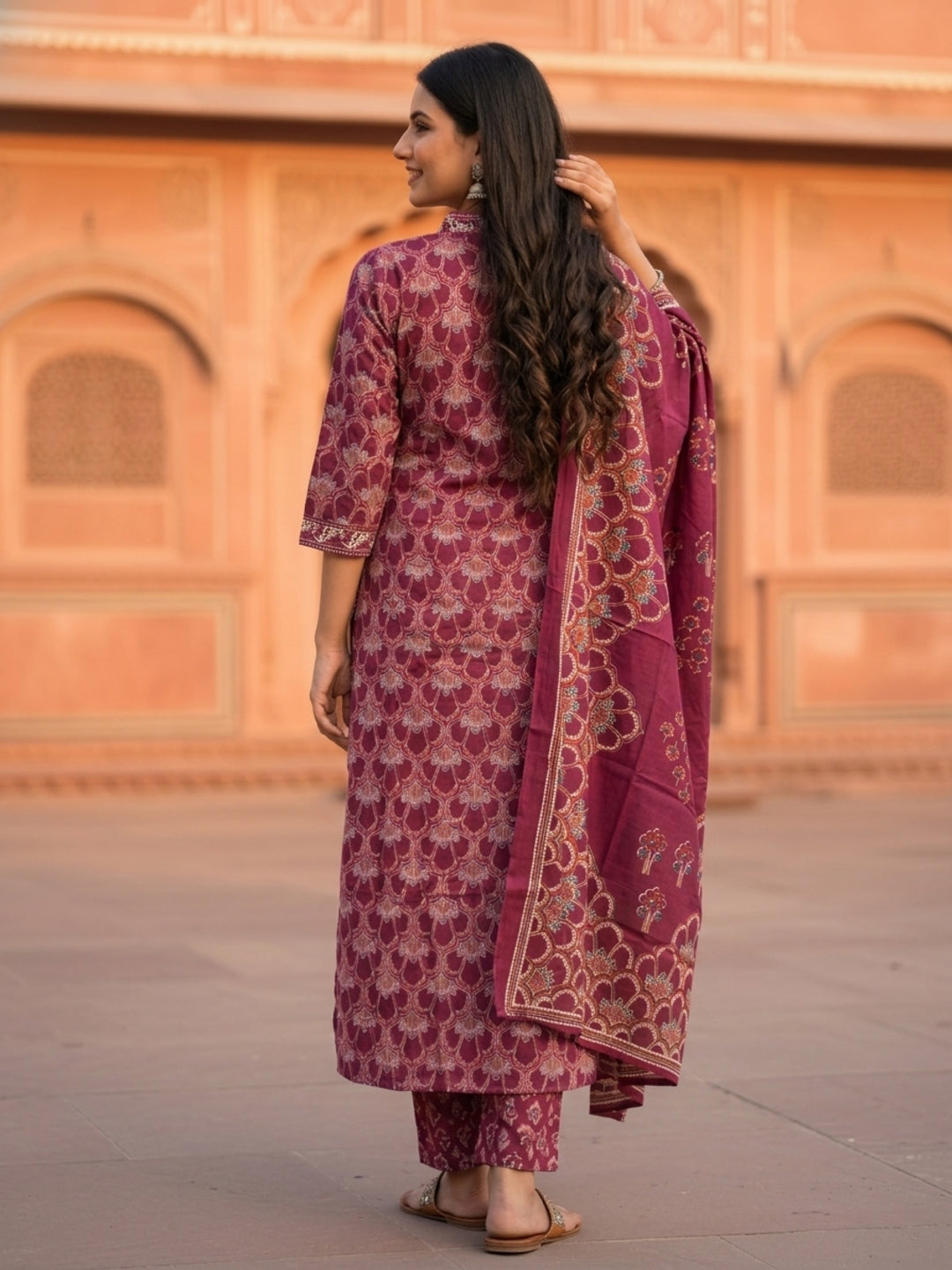 Ethnic Traditional Motif Printed Straight Kurta with Pant & Dupatta - Wine Purple