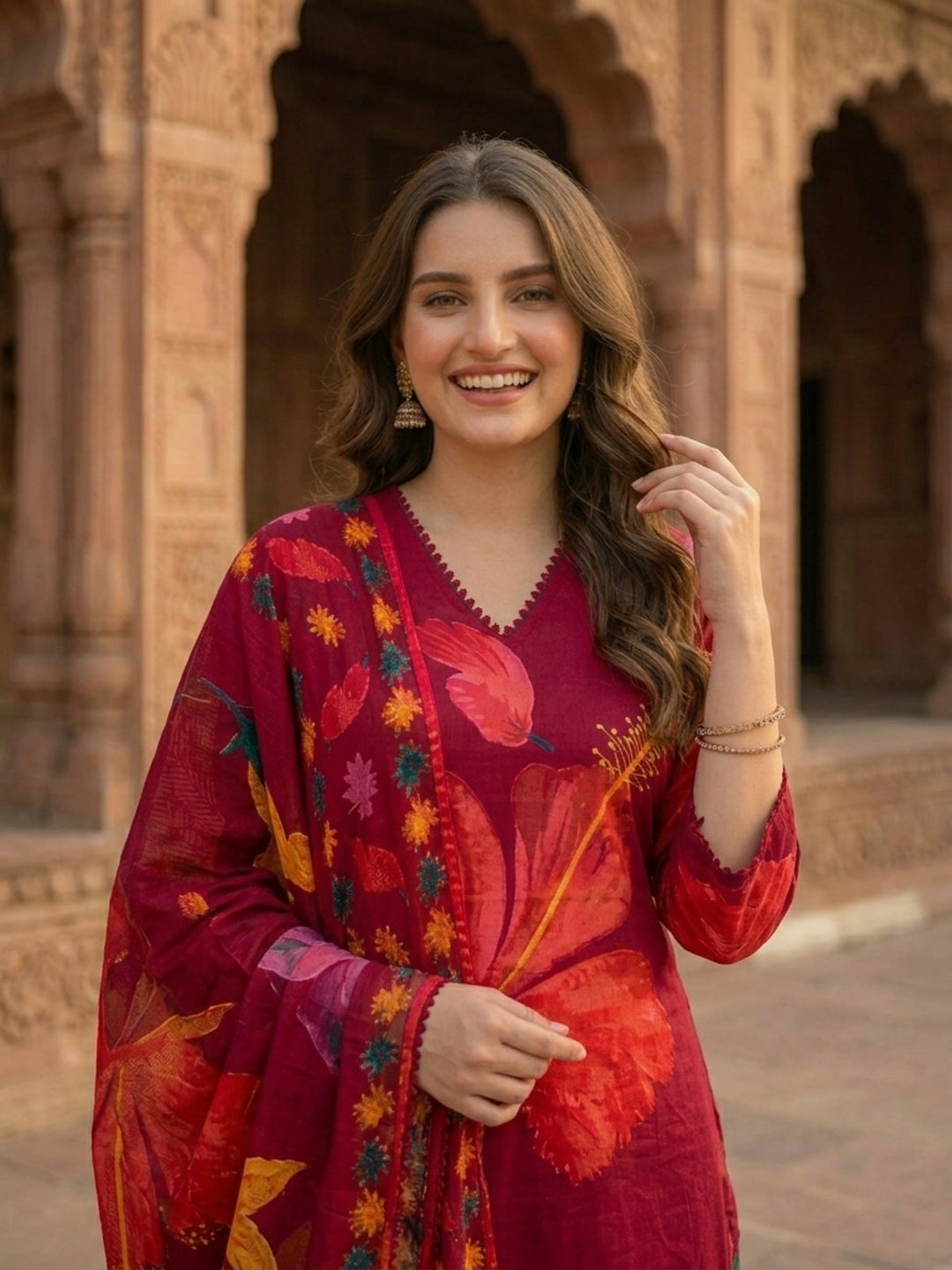 Floral Printed & Lace Straight Kurta with Pant & Dupatta - Maroon
