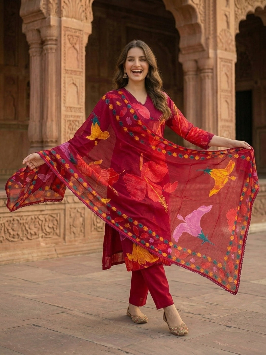 Floral Printed & Lace Straight Kurta with Pant & Dupatta - Maroon
