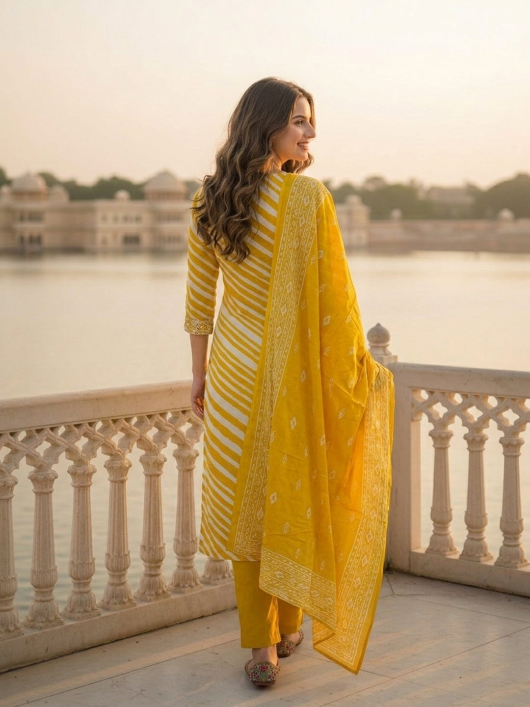Lehariya Printed & Embroidered Straight Kurta with Pyjama & Dupatta - Mustard