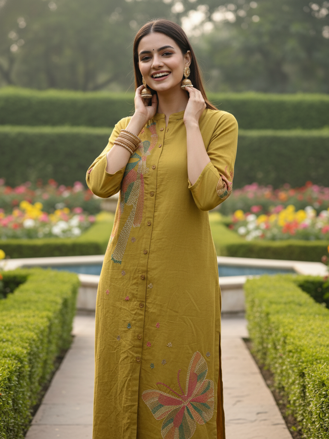 Butterfly Print Straight Kurta with Pant - Mustard Olive