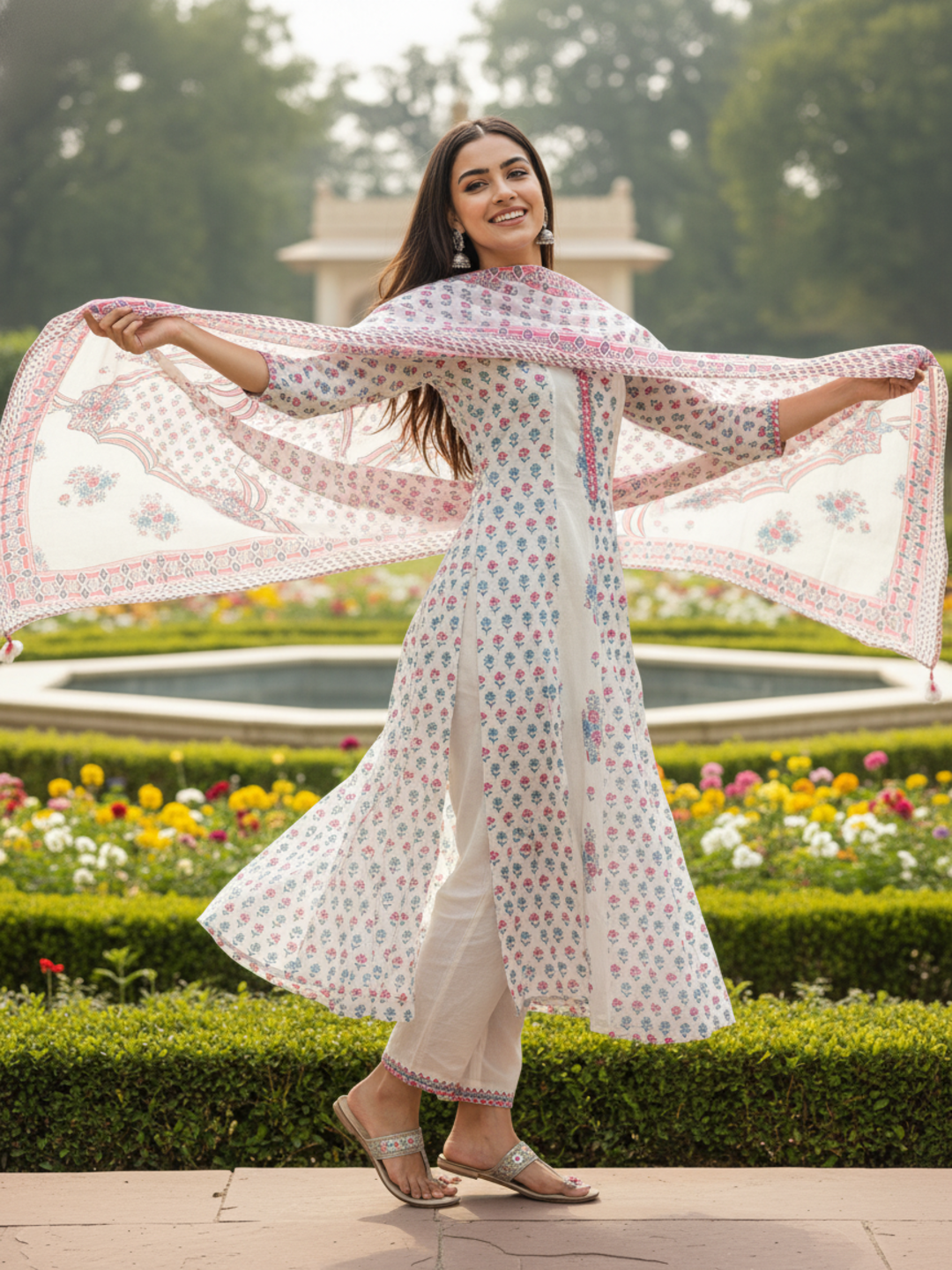 Floral Printed & Mirror Work Anarkali Kurta with Pant & Dupatta - Beige