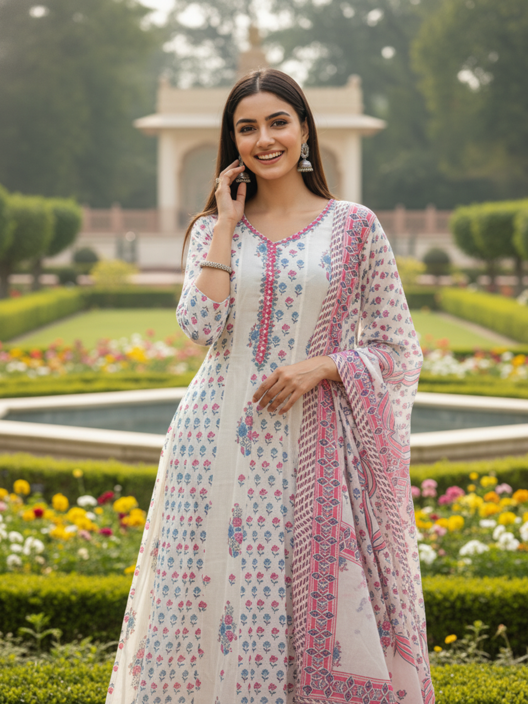 Floral Printed & Mirror Work Anarkali Kurta with Pant & Dupatta - Beige