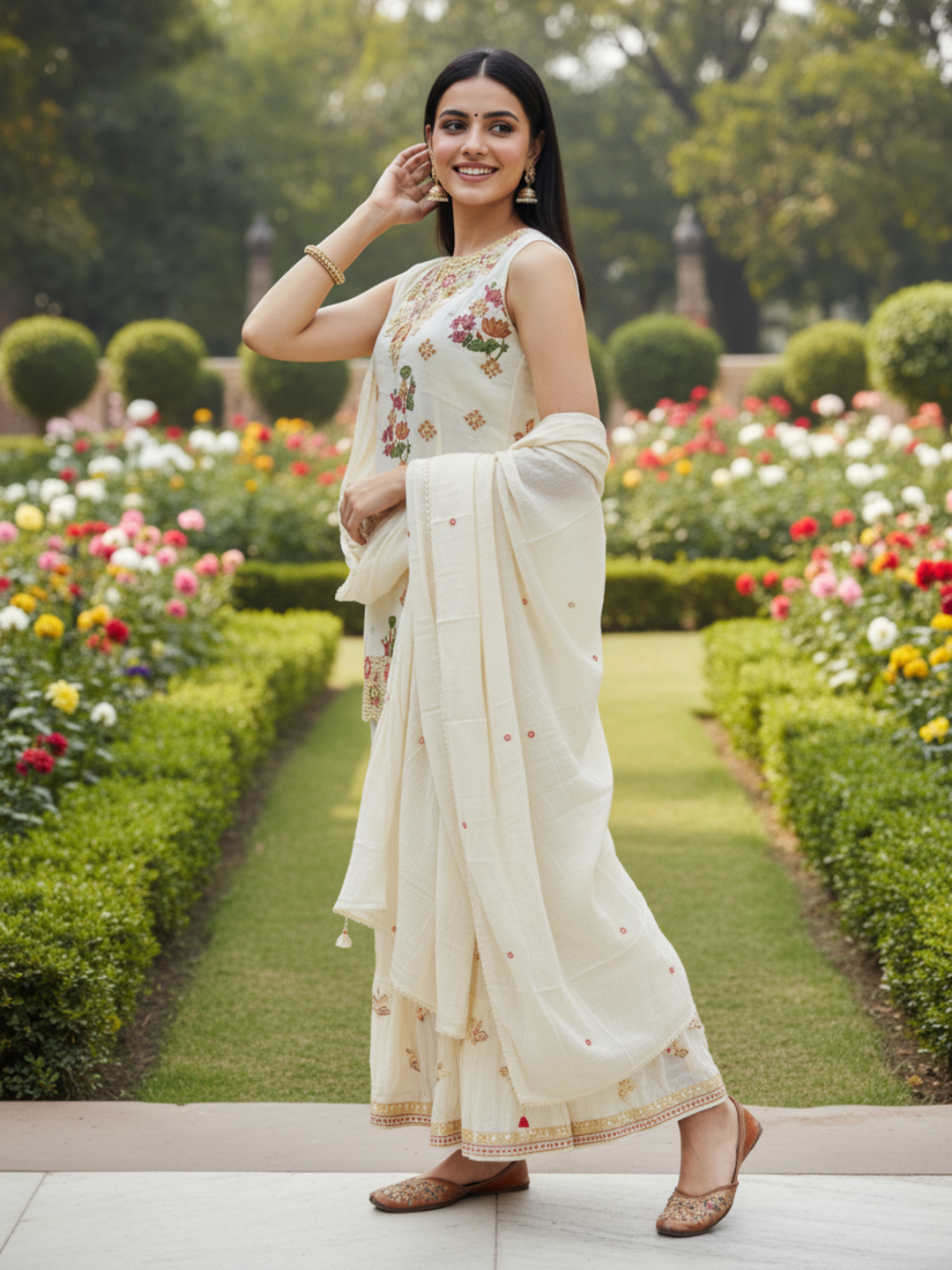 Printed Mirror Work Embroidered Kurta with Tiered Skirt & Dupatta - Cream