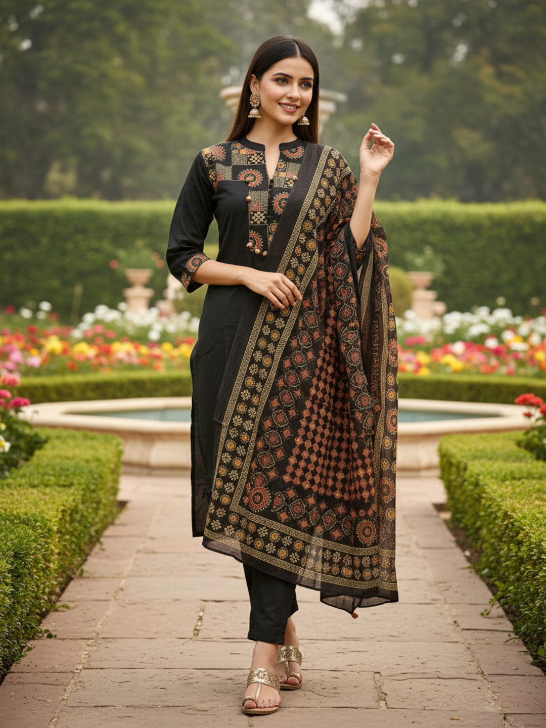 Solid Printed Yoke Straight Kurta with Pant & Dupatta - Black