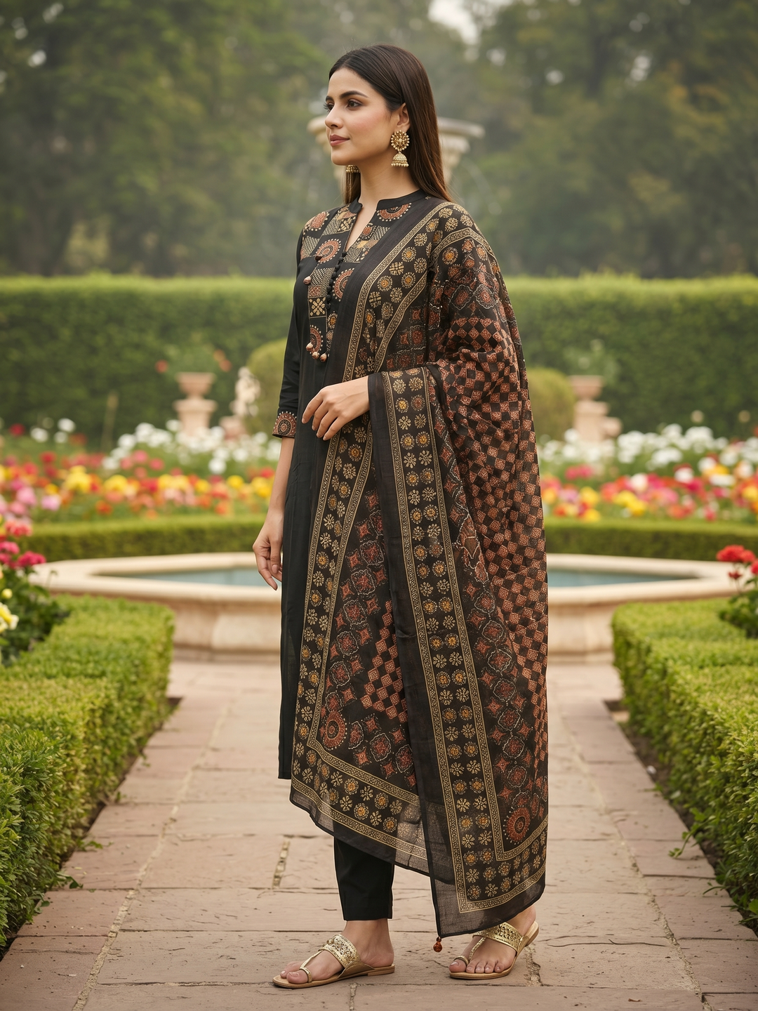 Solid Printed Yoke Straight Kurta with Pant & Dupatta - Black
