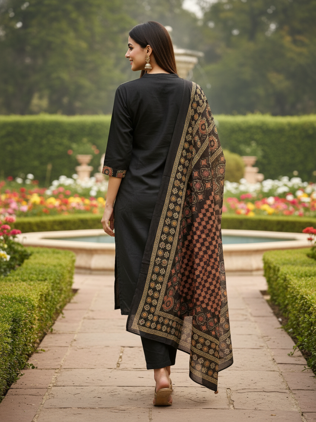 Solid Printed Yoke Straight Kurta with Pant & Dupatta - Black