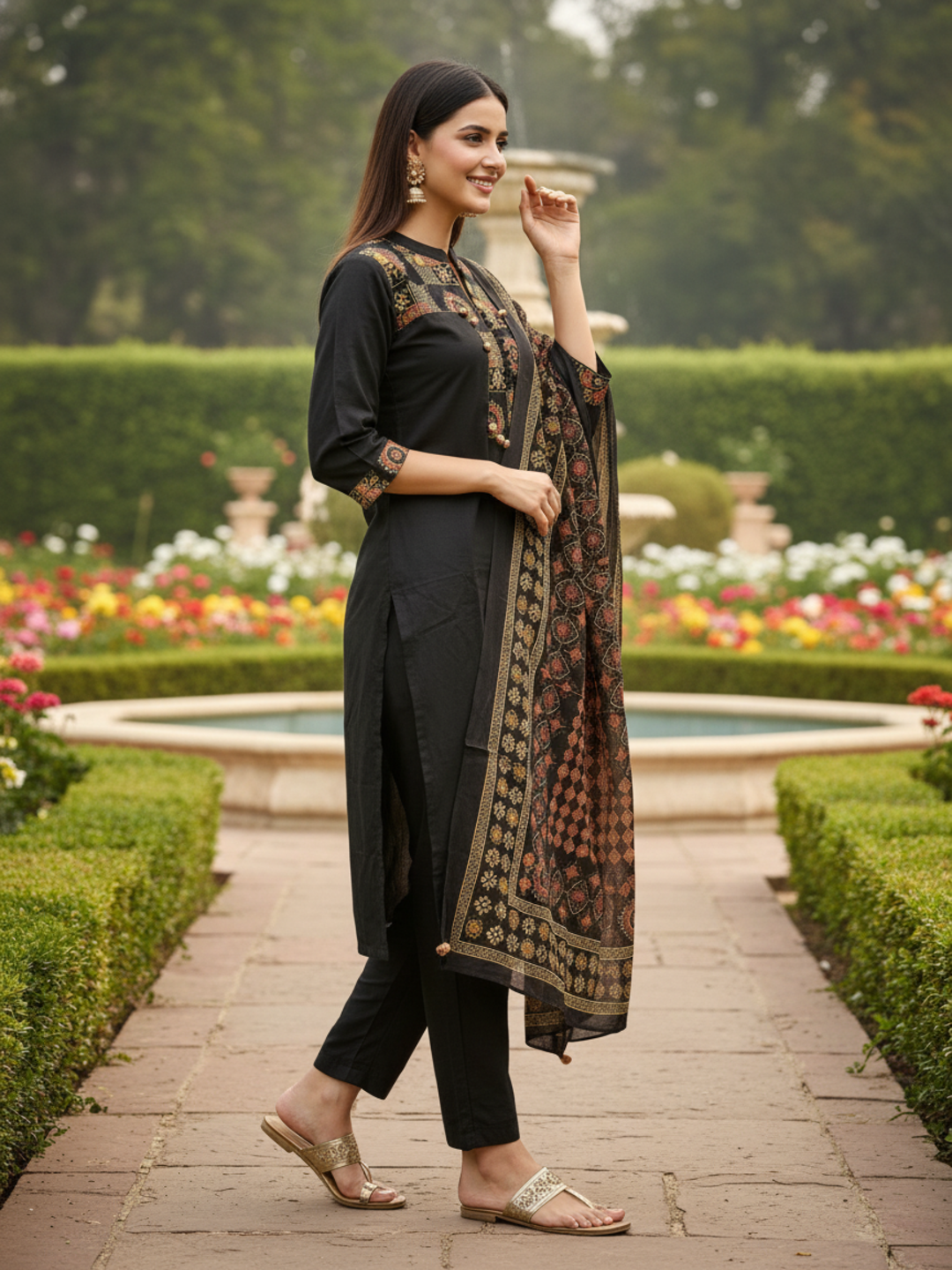 Solid Printed Yoke Straight Kurta with Pant & Dupatta - Black