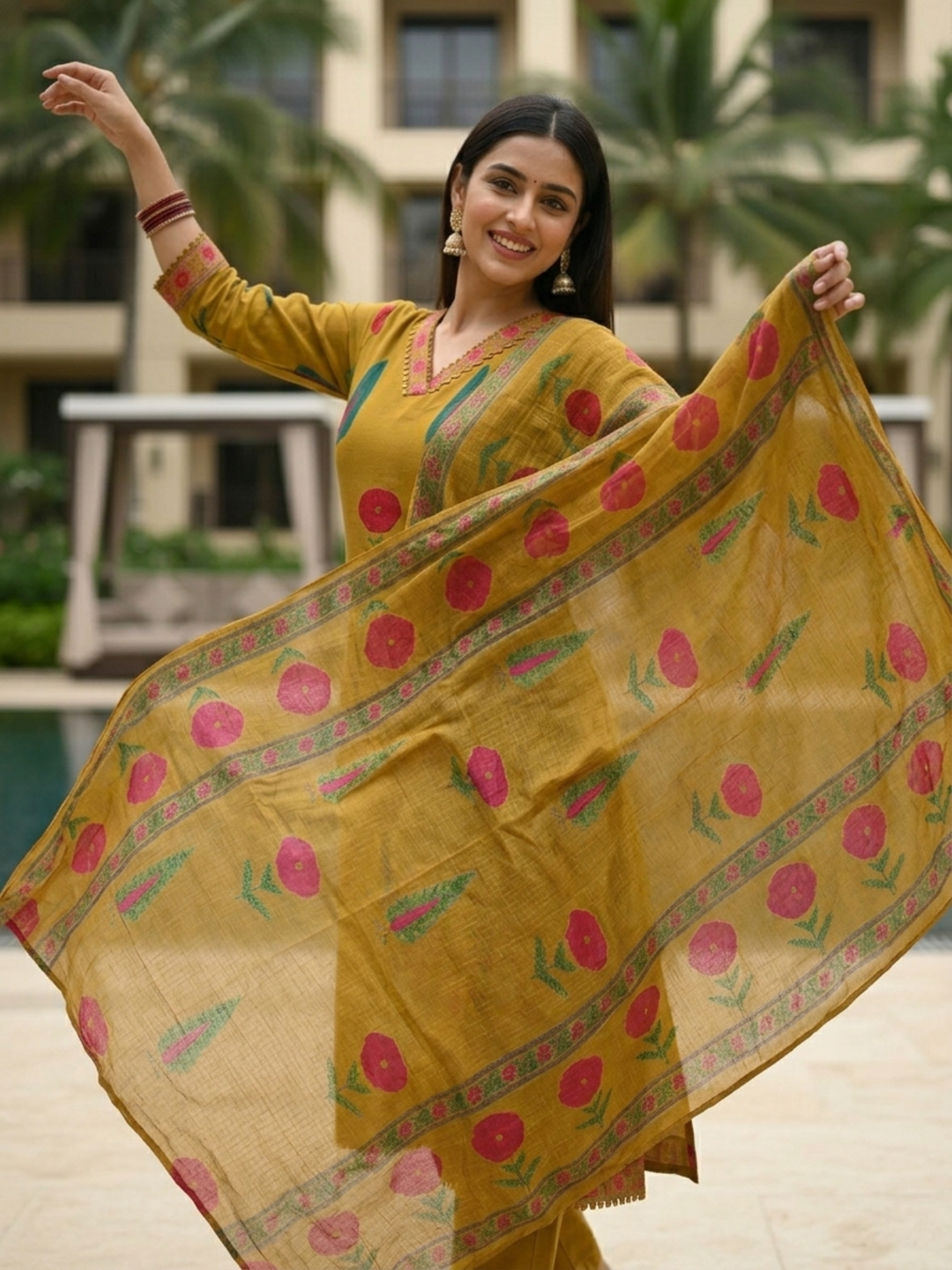 Mughal Floral Printed & Lace A-Line Kurta with Pant & Dupatta - Mustard