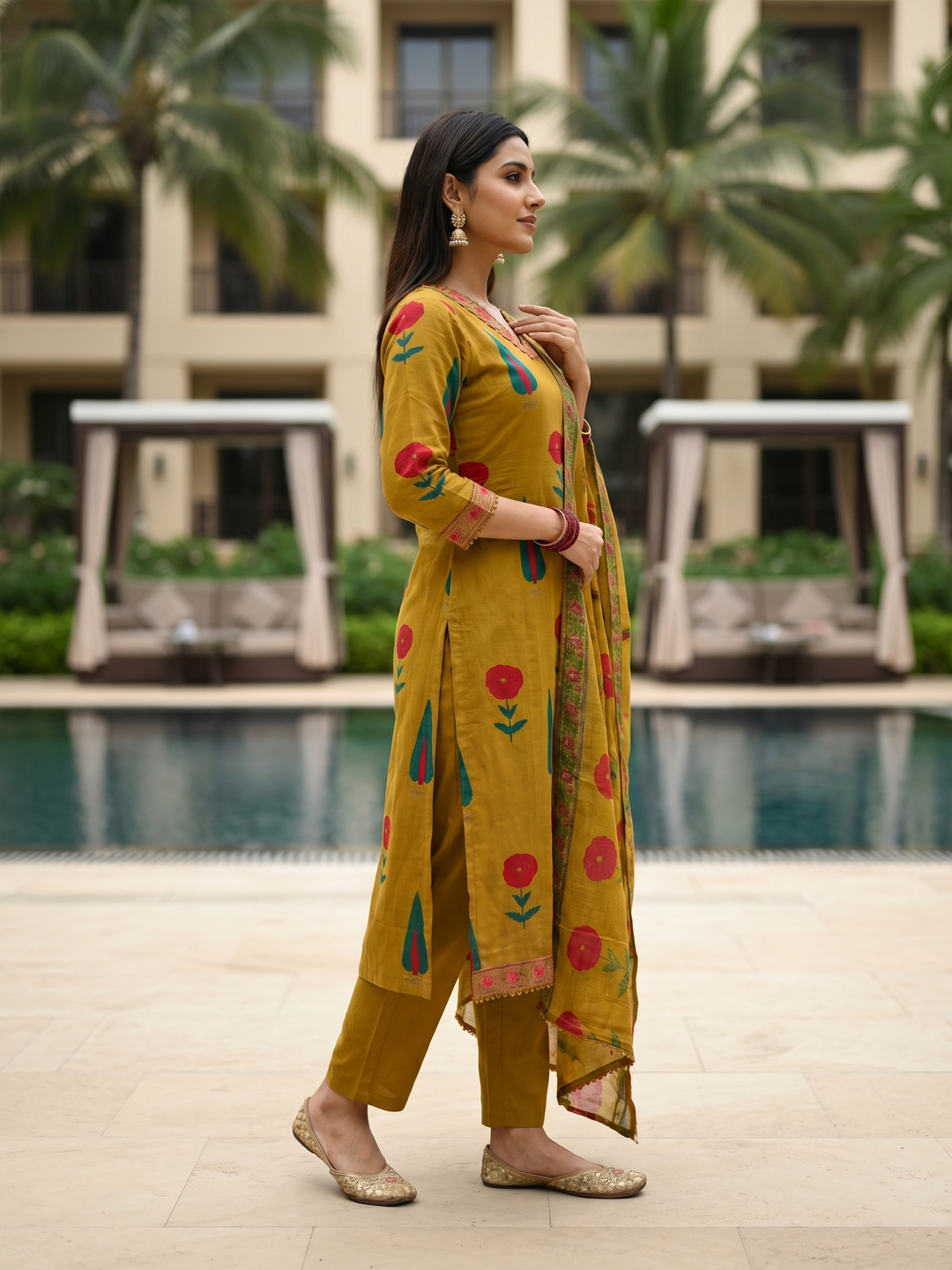 Mughal Floral Printed & Lace A-Line Kurta with Pant & Dupatta - Mustard