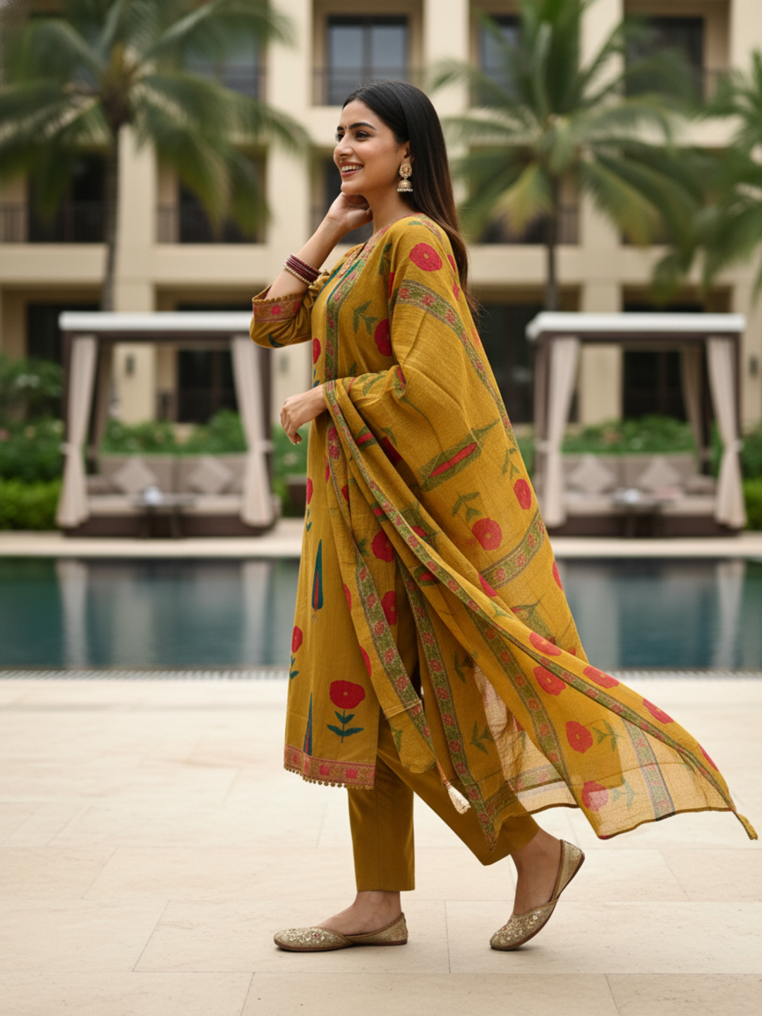 Mughal Floral Printed & Lace A-Line Kurta with Pant & Dupatta - Mustard