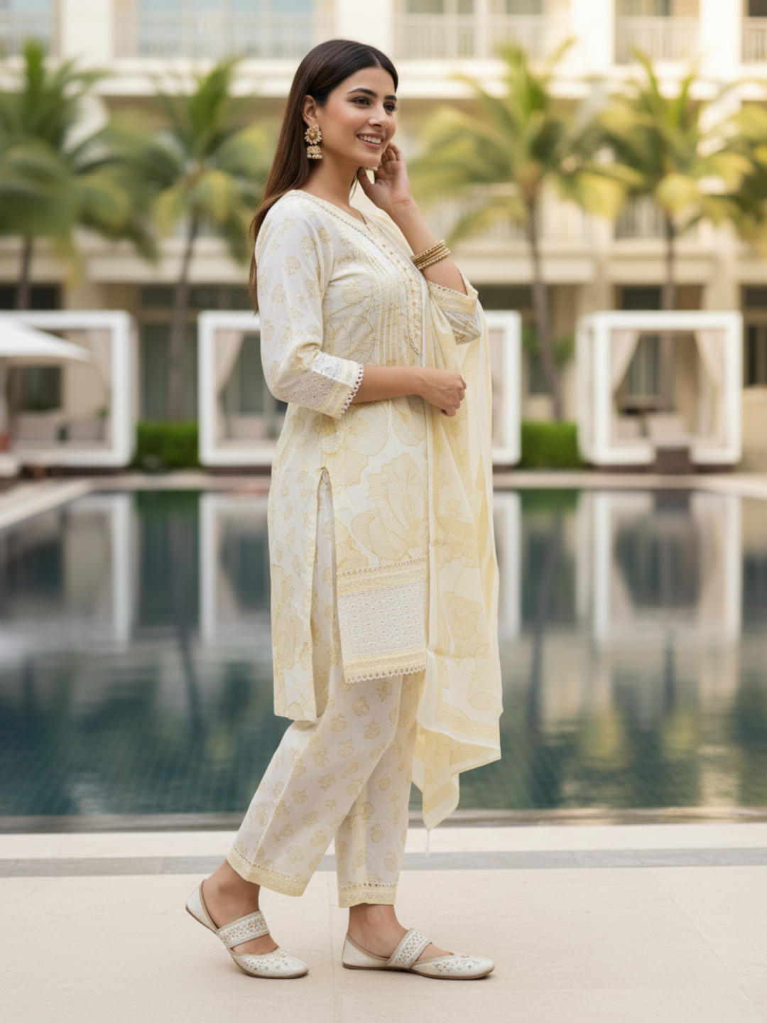 Floral Printed Schiffili & Lace Straight Kurta with Pant & Dupatta - Yellow