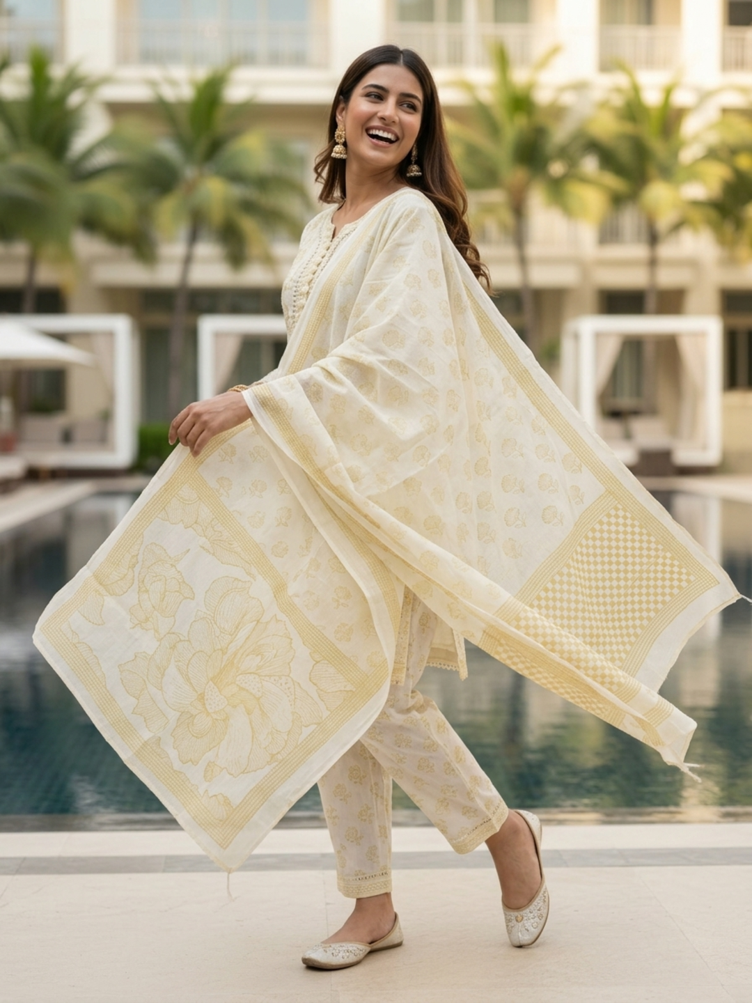 Floral Printed Schiffili & Lace Straight Kurta with Pant & Dupatta - Yellow