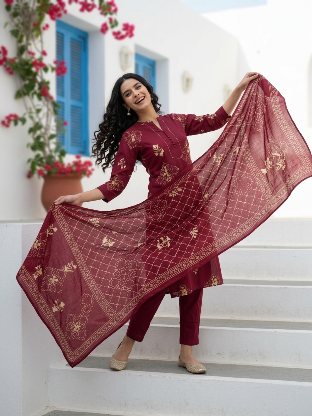 Ethnic Print Straight Cotton Kurta with Pyjama & Printed Voile Dupatta - Maroon